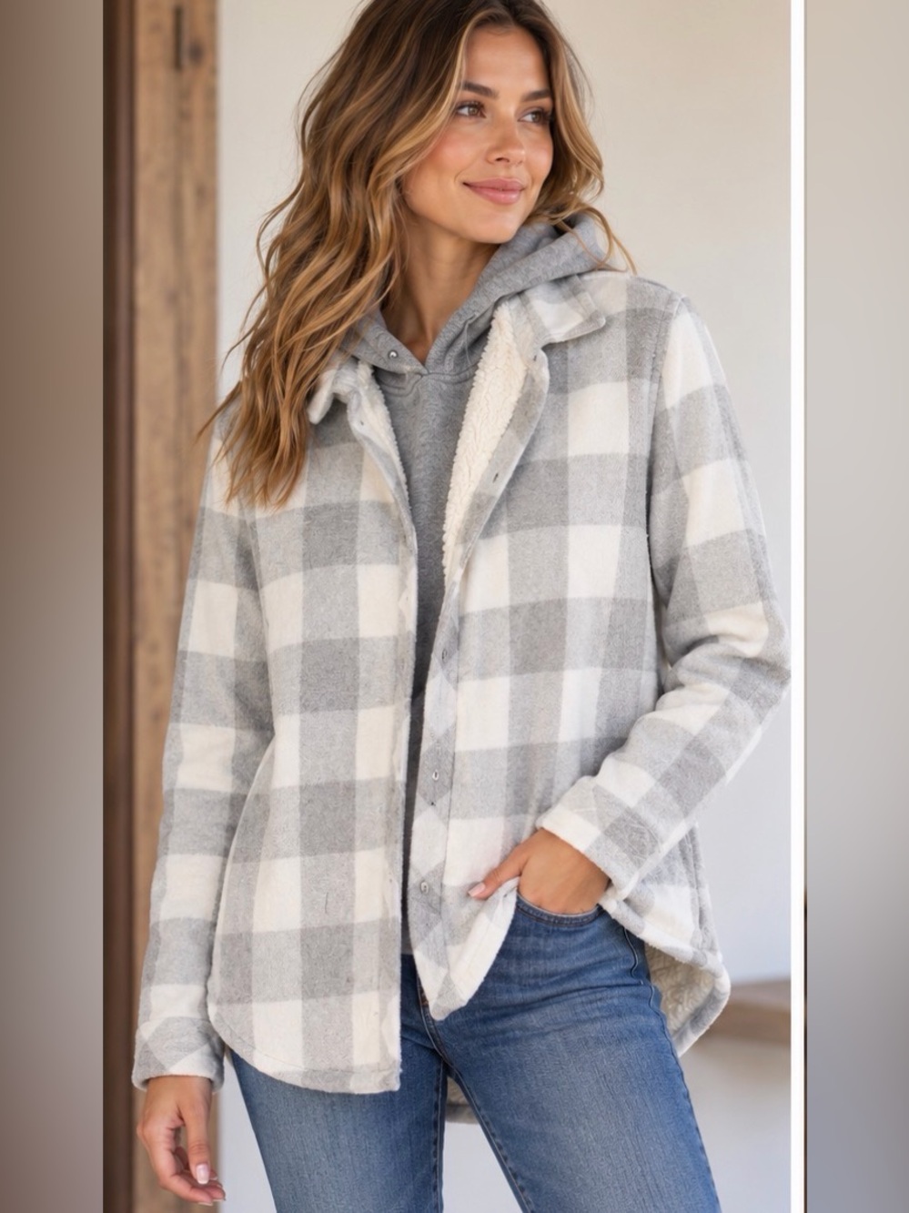Ci Sono Gray & White Plaid Hooded Button-Down Shirt Jacket